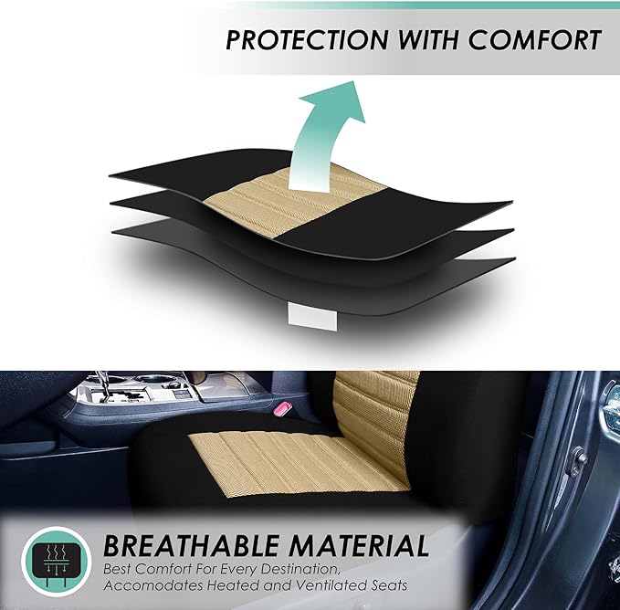 FH Group Automotive Car Seat Covers Full Set Premium 3D Air Mesh Front Seat Covers, Airbag Compatible & Split Bench Cover Universal Fit Interior Accessories for Cars Trucks and SUVs - Beige