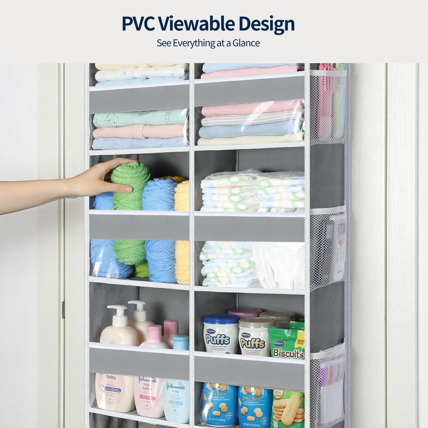 Yecaye Over The Door Organizer, 5 Tier Extra Large Behind Door Storage of 10 Compartments, 80lbs Heavy Duty Door Organizer Hanging with Clear Window for Closet Bedroom Pantry Bathroom, Grey