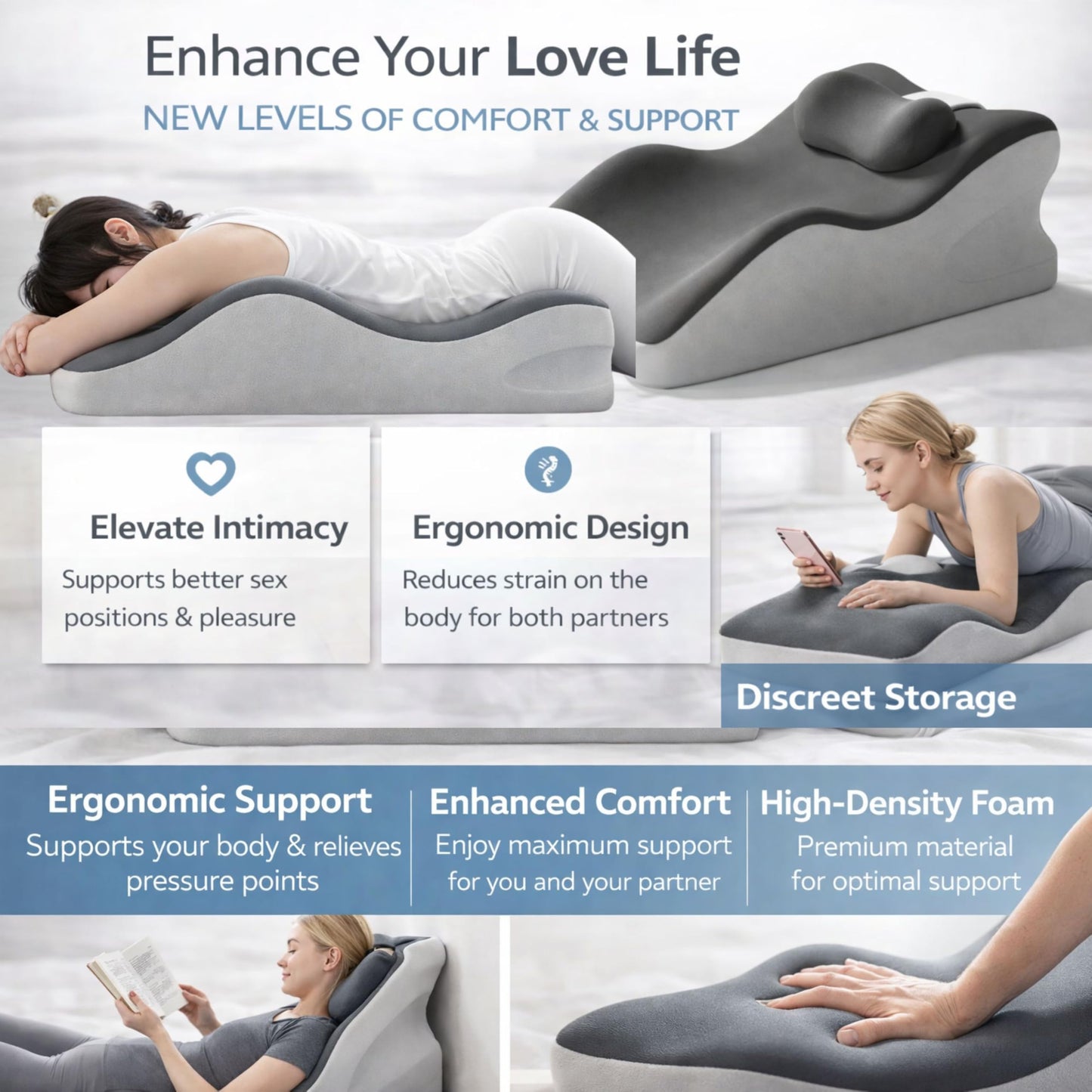 Dymane Memory Foam Wedge Pillow – 5-Zone Prone Reading Pillow for Bed, 27° Back Support, Leg Elevation & Acid Reflux Relief, Washable Cover, Dark Gray
