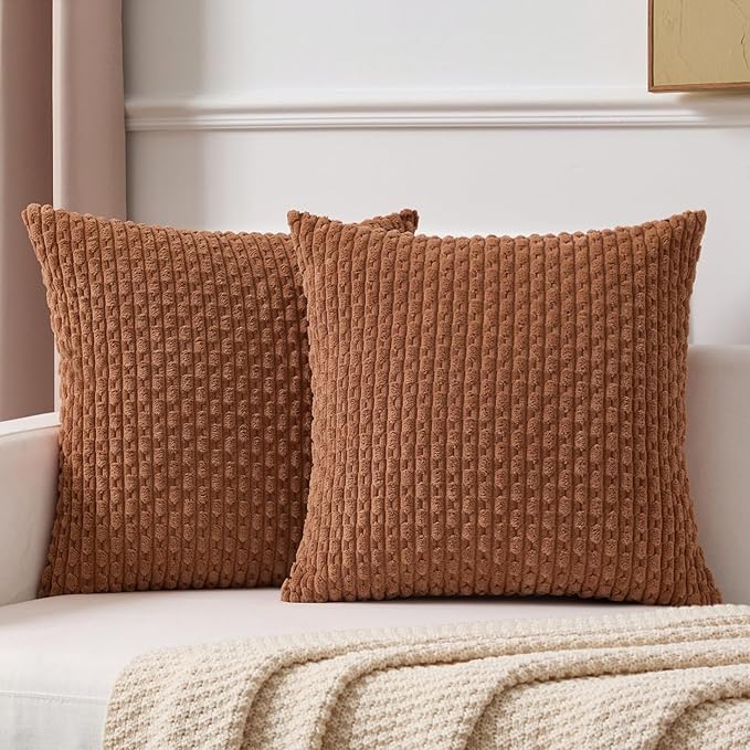 Kevin Textile Decorative Pillow Covers Set of 2 Striped Plush Corduroy Pillows Pillowcases Boho Home Decor Cushion Covers for Couch Sofa Bed Living Room 24x24 Inch, Burnt Orange