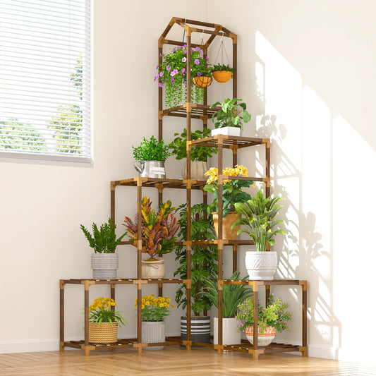 EnHomee 64.2" Corner Plant Stand Indoor Tall Plant Shelf for 13-19 Pots Tiered Plant Stands for Outdoor, Multiple Plants Tiered Wood Shelf for Living Room, Balcony, Patio