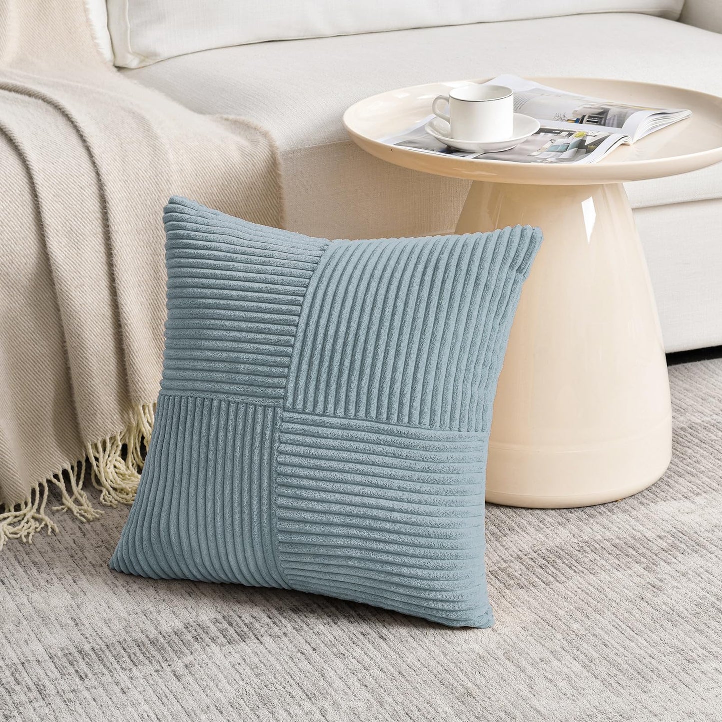 Fancy Homi Set of 2 Light Blue Decorative Throw Pillow Covers 20x20 Inch for Living Room Couch Bed Sofa, Farmhouse Boho Home Decor, Soft Cross Corduroy Patchwork Accent Square Cushion Case 50x50 cm
