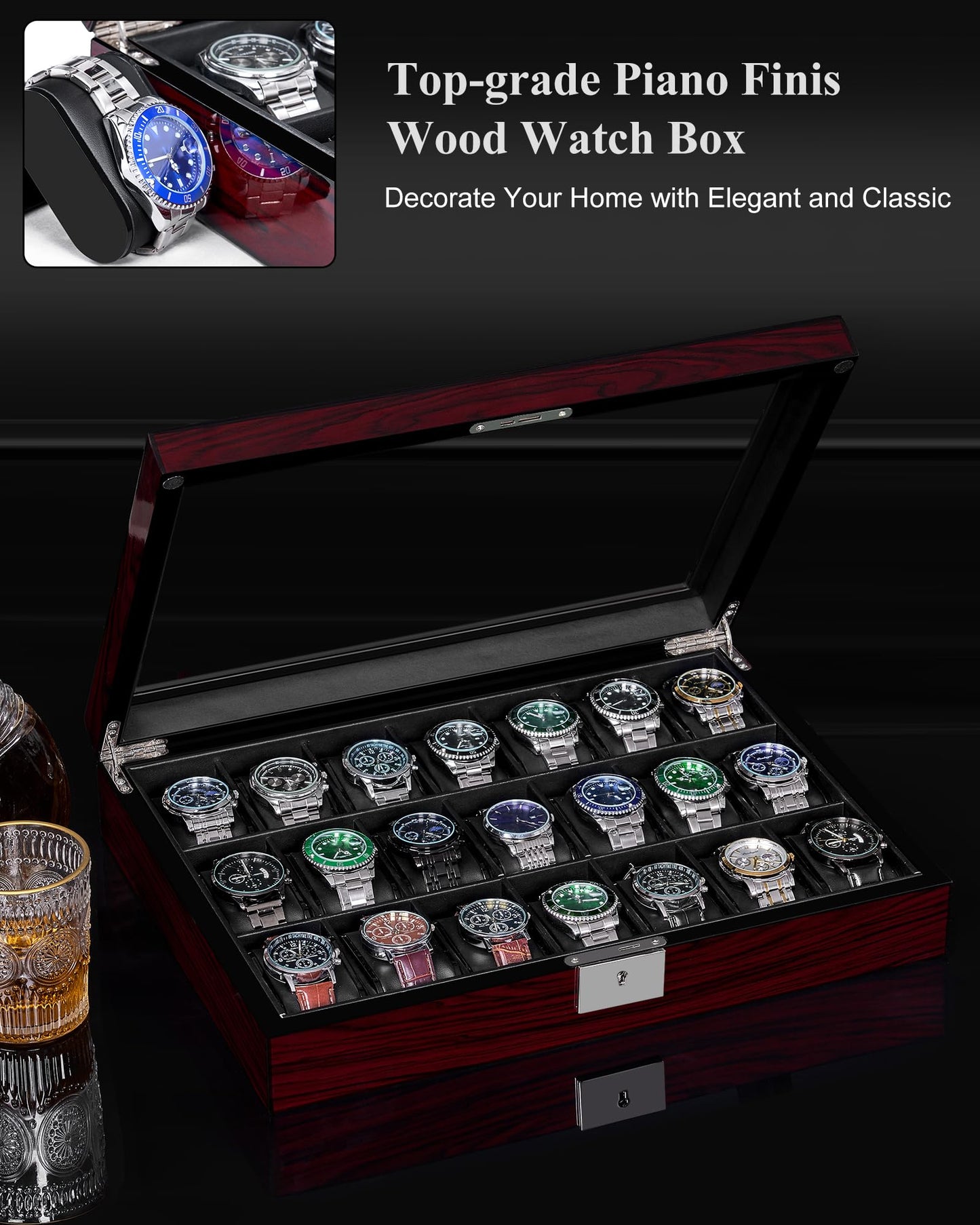 ANWBROAD 21 Slot Watch Cases for Men Watch Box with Large Glass Lid Lockable Wood Watch Display Case Watch Organizer Giftable Elegant Watch Holder Fathers Day UJWB004Y
