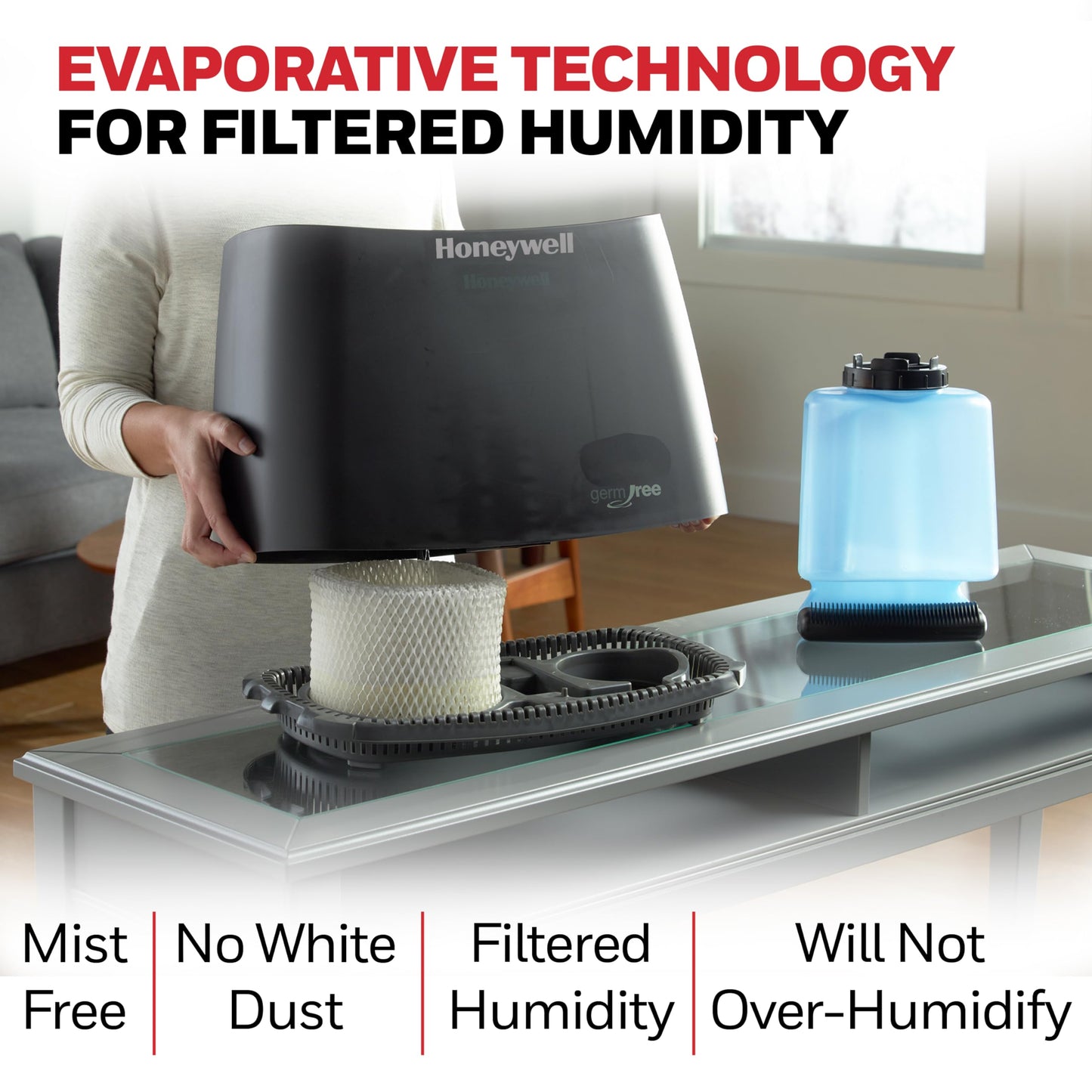 Honeywell Cool Moisture Humidifiers for Bedroom, Medium Rooms, 1.1 Gallon, Invisible Moisture Humidifier for Baby, Kids, Quiet, Easy to Clean, UV Technology, Black, HCM350B