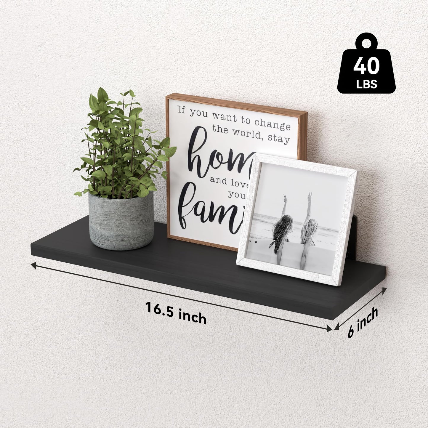 WOPITUES Wood Floating Shelves Set of 6, Shelves for Wall Decor, Farmhouse Shelf for Bedroom, Bathroom Storage Shelves, Book Shelves for Living Room-Black