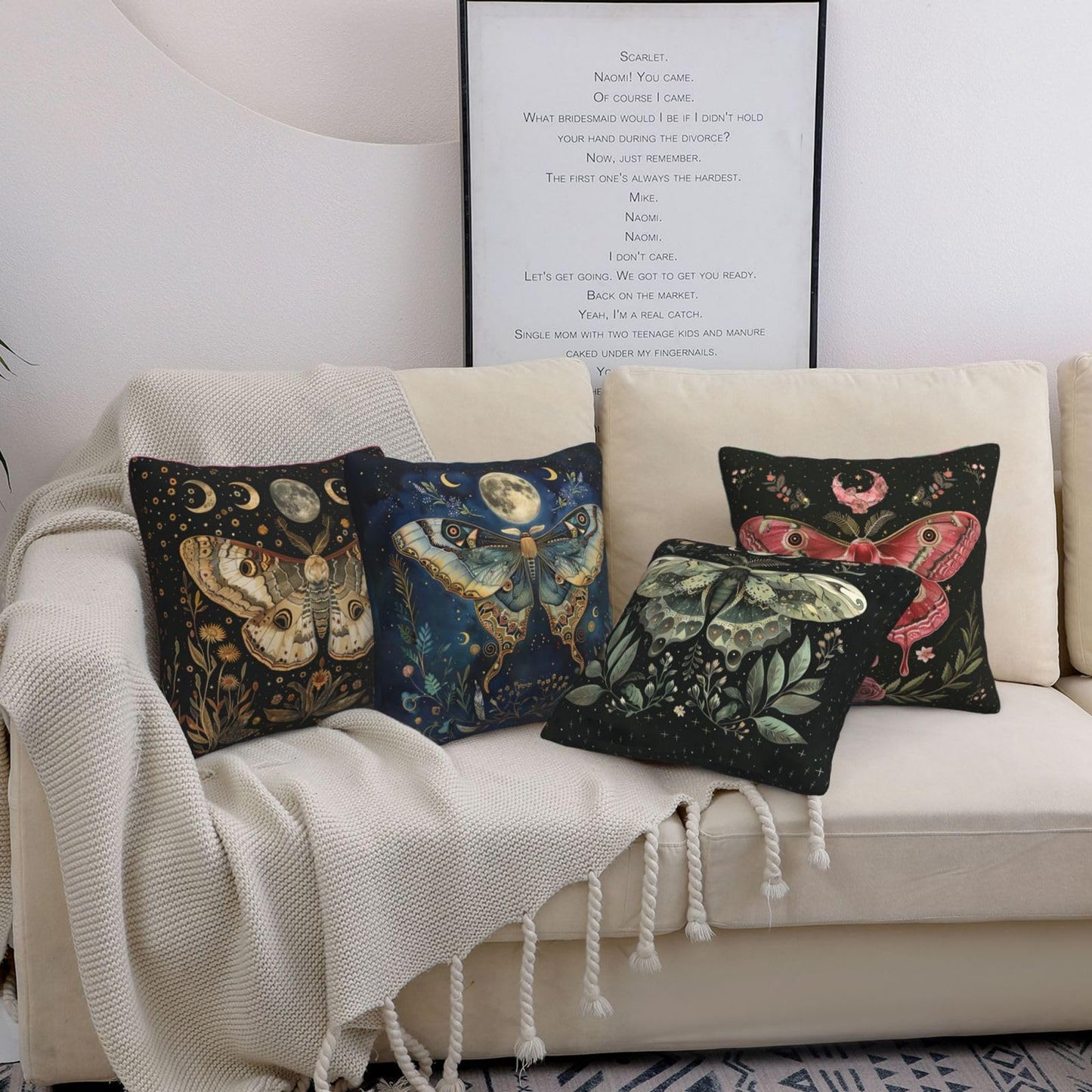 Tropical Flowers Butterflies Pillows Cover Set of 4 Moon Phase Moth Decor Throw Pillow Covers Goth Pillowcase Cushion Case Boho Leaves Pillow Decorative for Couch Sofa Home Office Outdoors 16x16 Inch