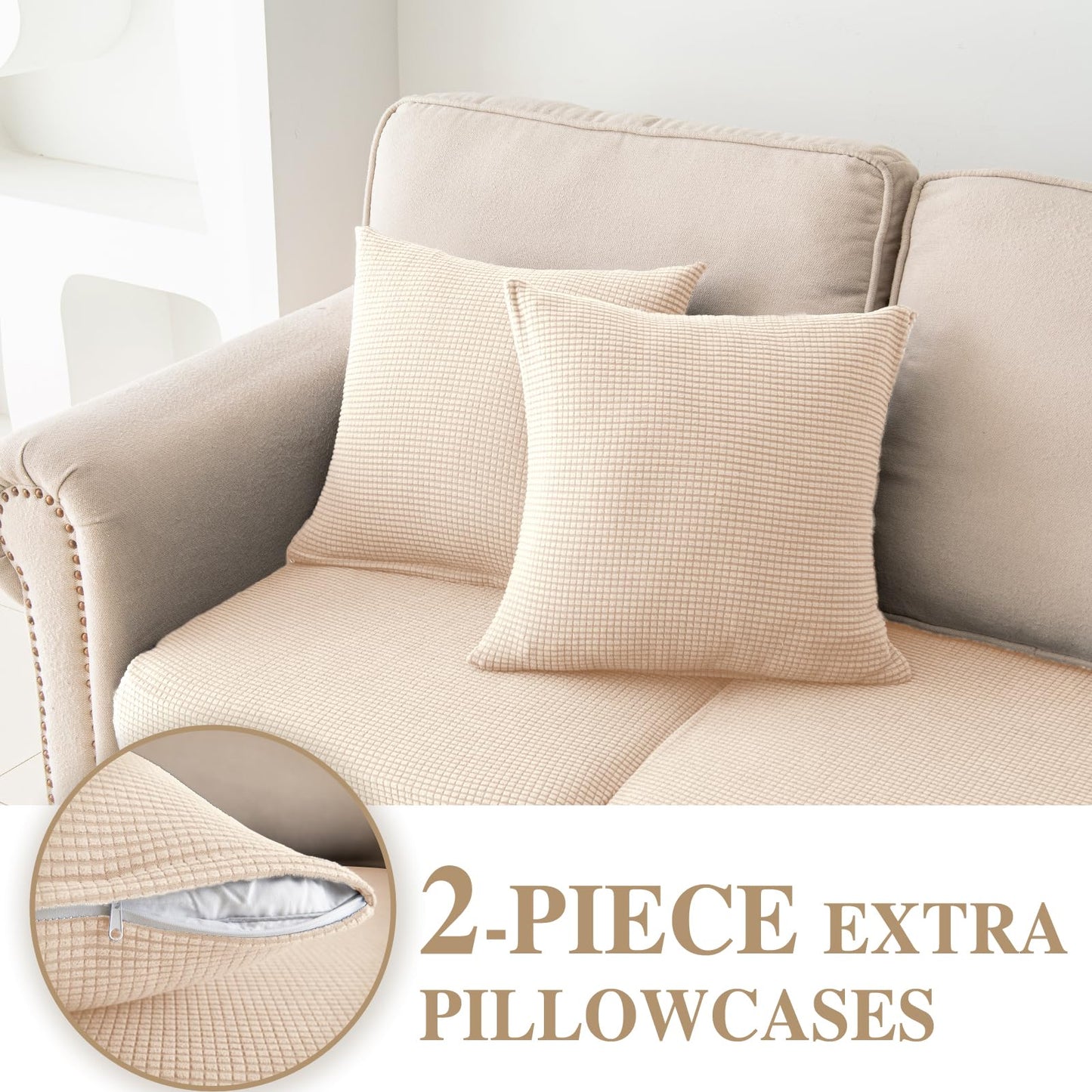 LA MEACK Couch Cushion Covers for Sectional Sofa L Shape Washable Separate Seat Chaise Couch Cover Stretch Sofa Slipcovers with 2 Pcs Pillowcases(2 Seater + 1 Chaise, Natural)