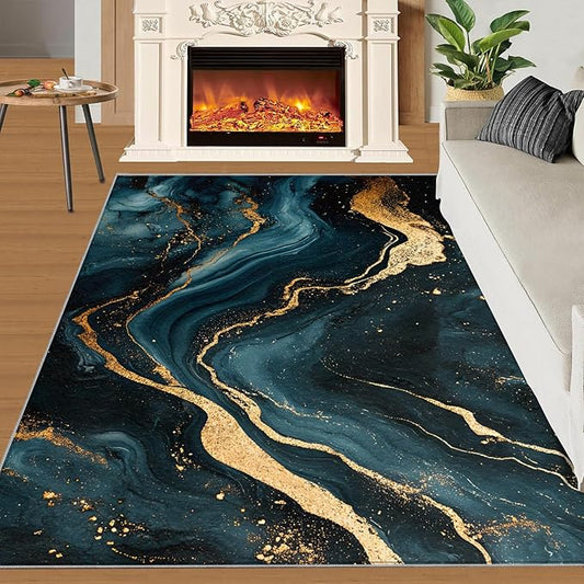 Marble Washable Area Rugs 2x3 Non-Slip Fluid Art Living Room Rug Gold Lines Soft for Carpet Low Pile Indoor Door Mat & Room Decor