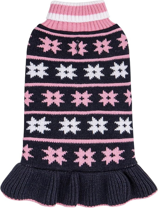 KYEESE Dog Sweater for Small Dogs Fall Winter Dogs Clothes Warm Pet Coats Turtleneck Knit for Girl Pet Sweater with Leash Hole Dog Sweater Dress with Classic Snow flake Pattern, Girl Navyblue, X-Small