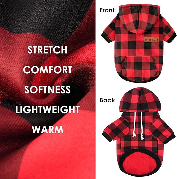 BAOBICUTE Dog Basic Hoodie Soft Dog Clothes Cold Weather Sweaters for Medium Large Dogs Cozy Fabric Warm Sweatshirt with Leash Hole (Red Plaid, S (Back: 12.6",Chest:18.11", Neck: 13.78"))