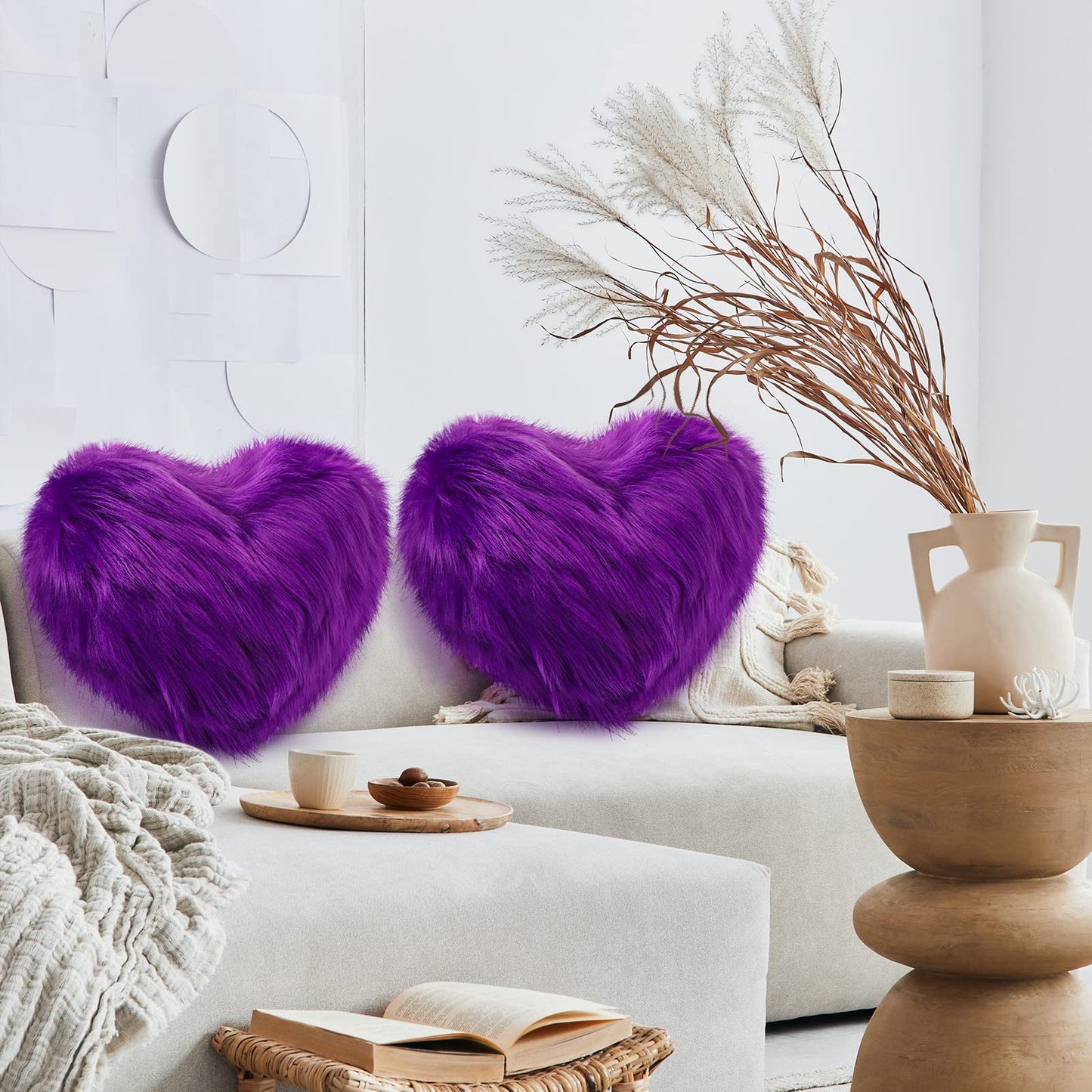Maitys 2 Pcs Heart Shaped Pillows 12 x 16 Inch Faux Fur Throw Fluffy Cute Soft Throw Pillows Decorative with Insert for Anniversary Bedroom Living Room Sofa Couch (Violet)