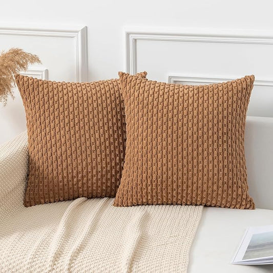 Kevin Textile Throw Pillow Covers Soft Corduroy Decorative Set of 2 Boho Striped Pillow Covers Pillowcases Farmhouse Home Decor for Couch Bed Sofa Living Room 18x18 Inch Khaki