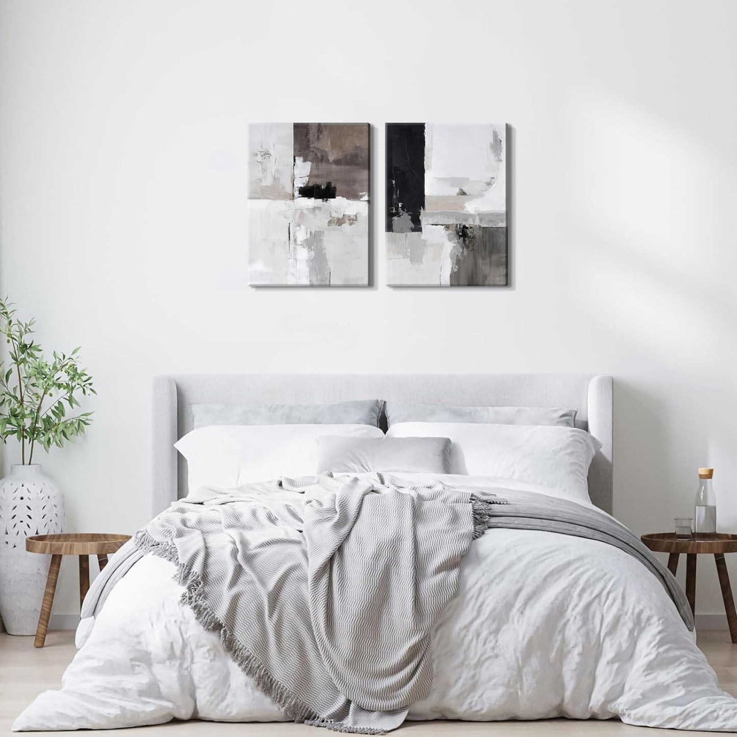 Framed Modern Abstract Wall Art Set of 2, Black White Neutral Minimalist Canvas Prints, Contemporary Industrial Artwork, Light Luxury Wall Decor for Living Room Bedroom Office, 16x24in