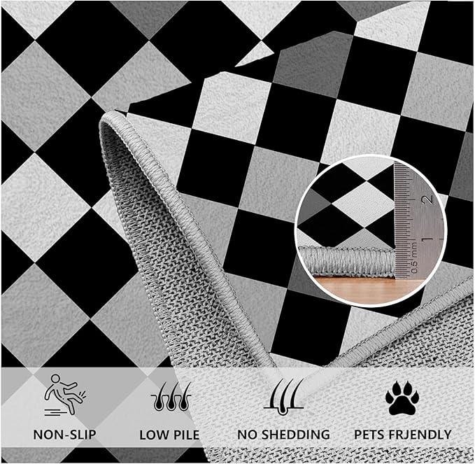 Black and White Rug 5x6, Rhombus Geometric Soft Ultra Soft Faux Wool Low Pile Rug, Indoor Floor Mats Carpet, Non-Slip Stain Resistant Washable Rugs, Modern Abstract Checkered Rugs for Living Room