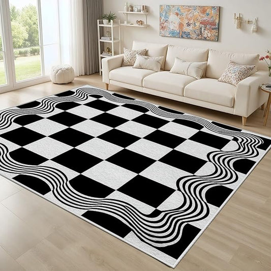 Checkered Area Rug, Checkerboard Rug, Geometric Plaid Washable Rugs 2x3, Modern Checkered Area Rugs, Wavy Line Carpet Non Slip for Bedroom Retro Home Decor Door Mat