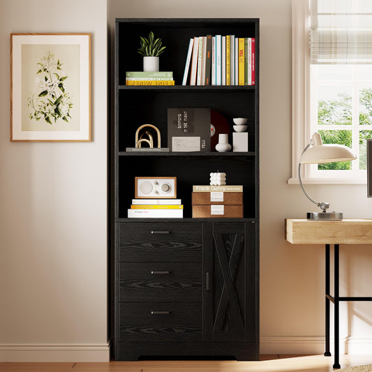 IRONCK Bookshelf with Doors and 3 Drawers 71 in Tall Bookcase with 3-Tier Shelves, Industrial Book Shelf with Storage for Living Room Entrance Hallway Home Office, Black