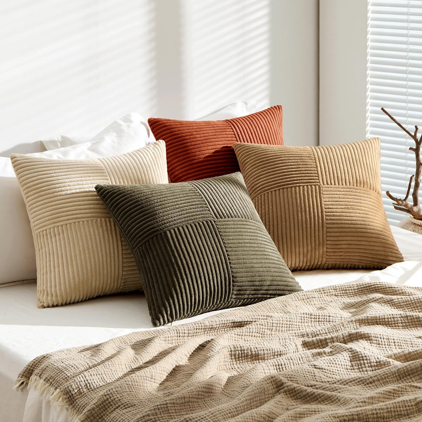 ANRODUO Pack of 4 Decorative Throw Pillows for Couch Brown Green 18x18 Inch Boho Cozy Soft Corduroy Cushion Covers Farmhouse Accent Pillowcases for Mid Century Summer Home Decor Sofa Bed Living Room