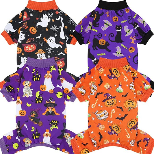 XPUDAC 4 Pack Halloween Dog Pajamas, Funny Ghost Halloween Costumes for Dogs, Soft Strechy Doggy Clothes for Small Medium Dogs Boy Girl, Pet Apparel, L