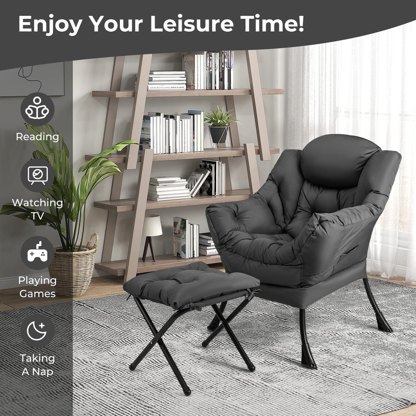KOMFOTT Lazy Chair with Ottoman, Leisure Upholstered Reading Sofa Chair with Armrests & Side Pocket, Modern Lounge Accent Chair with Folding Footrest for Living Room, Bedroom, Balcony, Grey