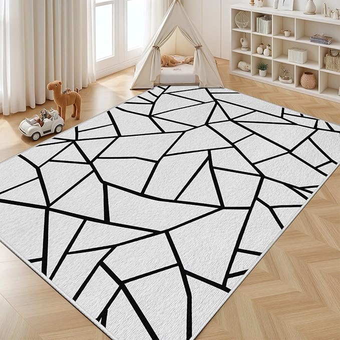 White and Black Rug - Black and White Rug, Area Rugs 5x8, Modern Abstract Rugs for Living Room Bedroom, Irregular Polygon Geometric Carpet Washable Non Slip Home Decor