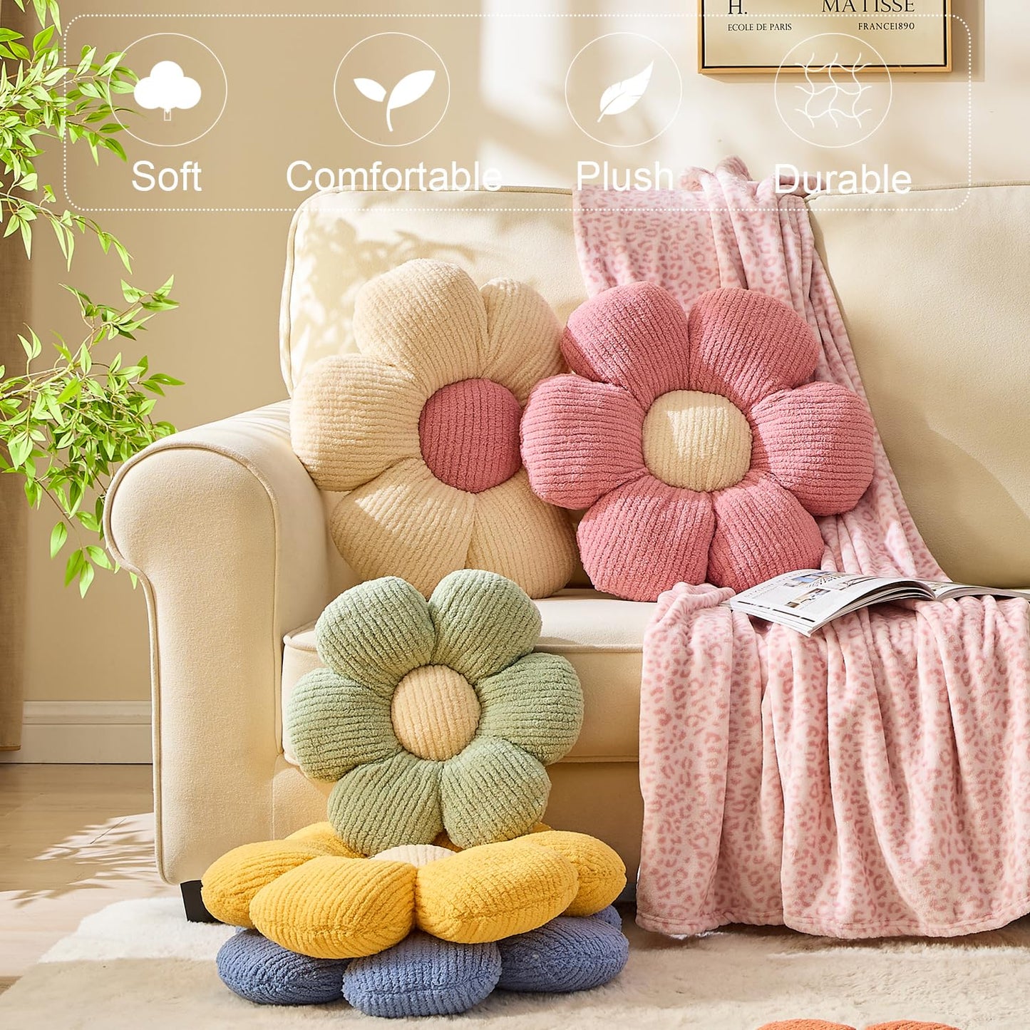 XIAIJIA Flower Pillow Shaped Pillow Cushion Decorative Daisy Pillow for Bed Cute Throw Pillow Flower Floor Pillow Soft Seat Cushion Yellow Cushion 19.6"