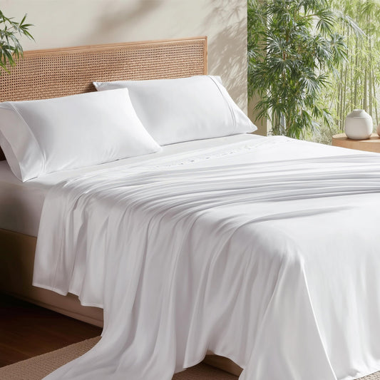 Bedsure King Size Sheet Set, Cooling Sheets, Rayon Derived from Bamboo, Deep Pocket Up to 16", PureWoven, Breathable & Soft, Bed Sheets, Hotel Luxury Silky Bedding for Hot Sleepers, White