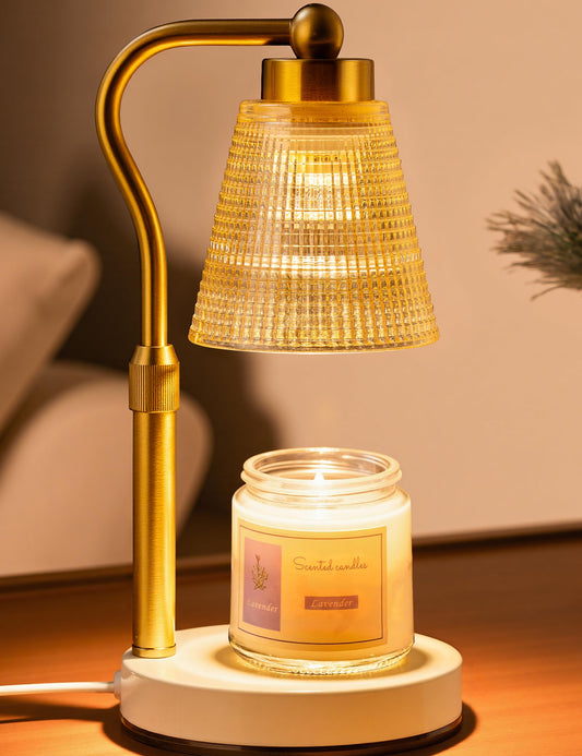 Candle Warmer Lamp for Jar Candles, Height Adjustable & Dimmable with 2/4/8H Timer, 2*50W Halogen Wax Melter Warmer for Home Office Décor, Flameless & Smokeless, Gift for Women Mom,Gold- Amber/1 Pack