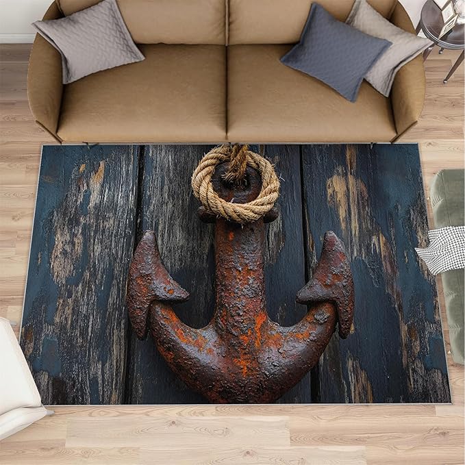 Nautical Anchor 5x6 Area Rugs,Distressed Wood Bedroom Rug Nautical Style Non-Slip Washable Rug for Living Room Nursery Kitchen Low-Pile Carpet
