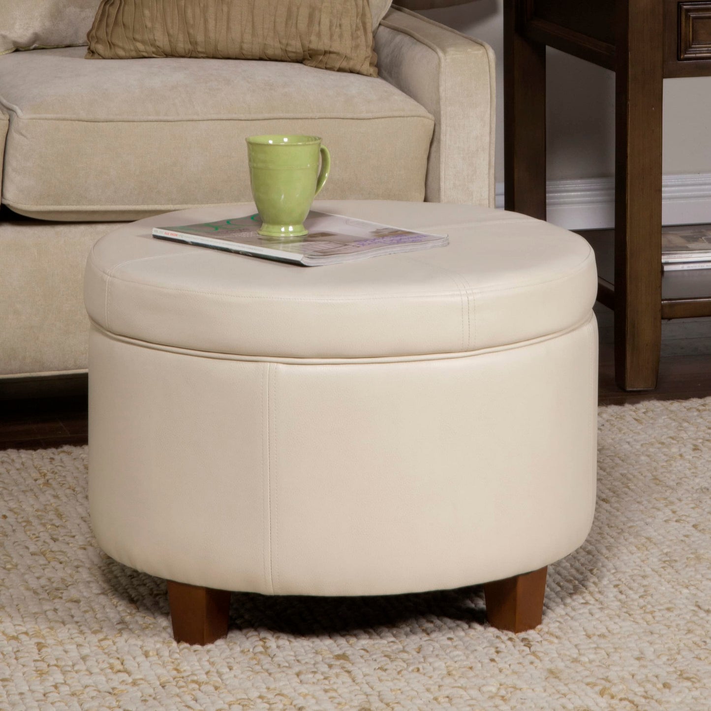 HomePop 24" Large Leatherette Round Storage Ottoman - Cream Faux Leather