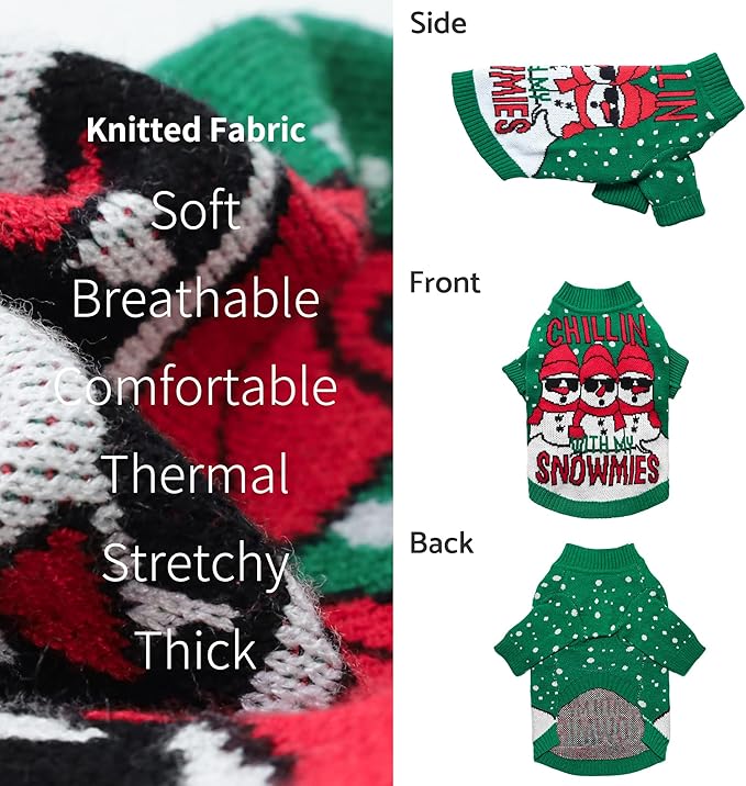 Fitwarm Chillin with My Snowmies Dog Ugly Christmas Sweater, Winter Dog Clothes for Small Dogs Girl Boy, Pet Holiday Sweatshirt, Xmas Snowman Outfit, Green, Red, White, XS