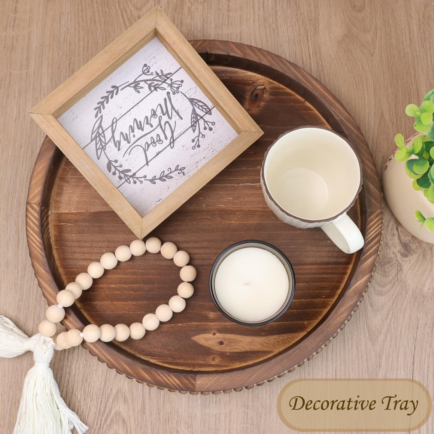 Lnofemin Round Burnt Wood Serving Tray with Beads, Wooden Decorative Tray for Entertaining, Decoration, and Gifting,