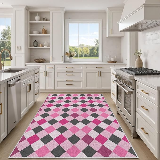 Diamond Checkered Rug 6x8, Soft Ultra Soft Faux Wool Abstract Geometric Rugs, Indoor Floor Mats Carpet, Non Slip&Non-Shedding Low Pile Washable Rugs, Modern Red Rug for Bedroom