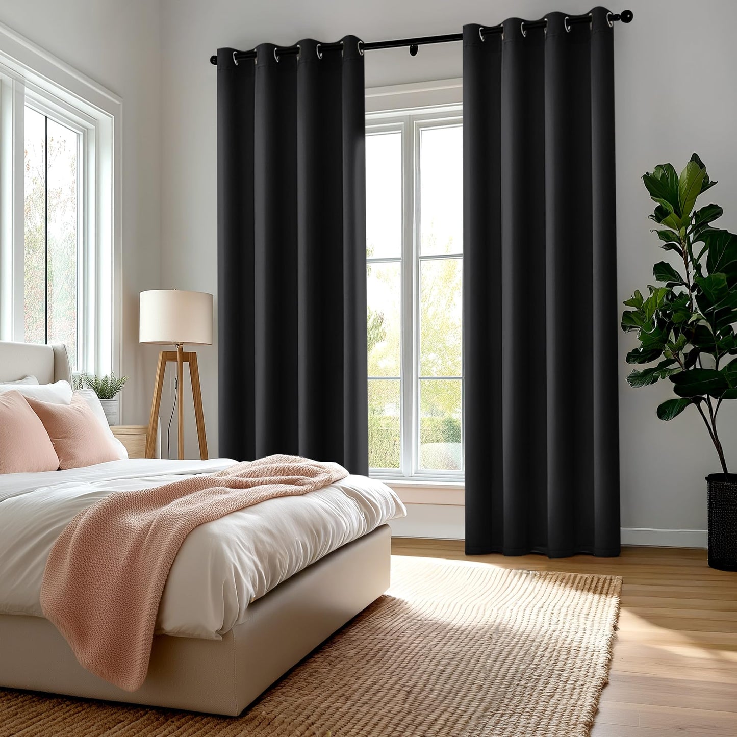 Deconovo 100% Blackout Curtains for Bedroom & Home Theater, Grommet Drapes with Black Backing & Thermal Insulation, Black, 52W x 84L Inch, 2 Panels, Sleep, Work & Total Privacy