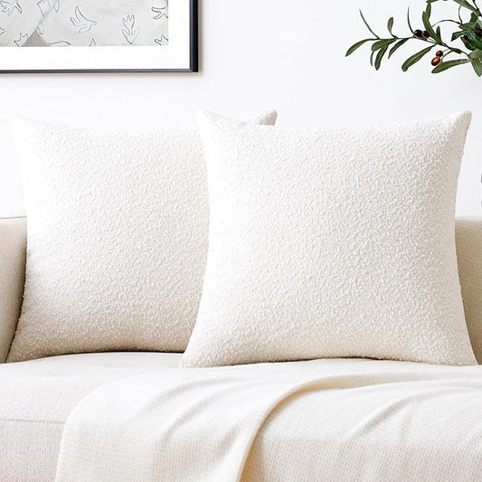 Mixhug Decorative Boucle Throw Pillow Covers, White, 18 x 18 Inches, Pack of 2 - Textured Boho Pillow Covers for Couch and Bed