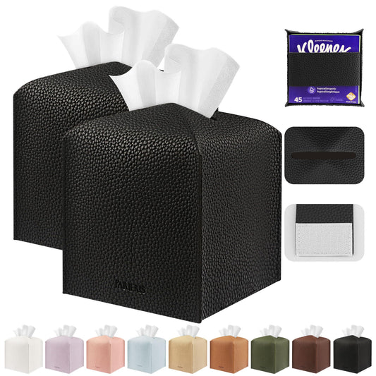 PARIERIS Tissue Box Cover Holder Square Tissue Cube Cover PU Leather Tissue Organizer with Bottom Belt for Bathroom, Tabletop, Car, Night Stands, Office, Home, Kitchen (2, Black)