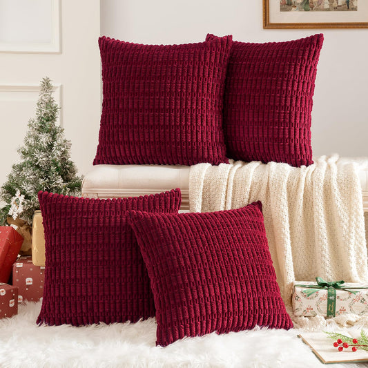 MIULEE Pack of 4 Christmas Wine Red Corduroy Decorative Throw Pillow Covers 18x18 Inch Soft Boho Striped Pillow Covers Modern Farmhouse Home Decor for Sofa Living Room Couch Bed