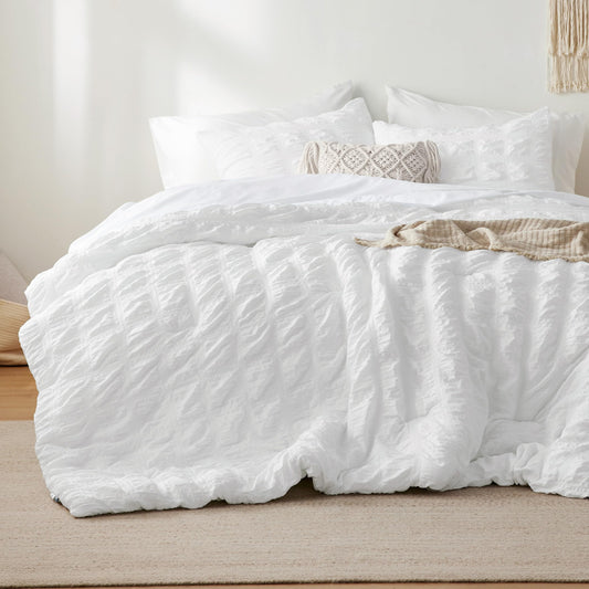Bedsure White Queen Comforter Sets -7 Piece Seersucker, Cloud Comforter Queen Size Bed in a Bag, Lightweight Soft White Comforter Set with Comforters, Sheets, Pillowcases & Shams