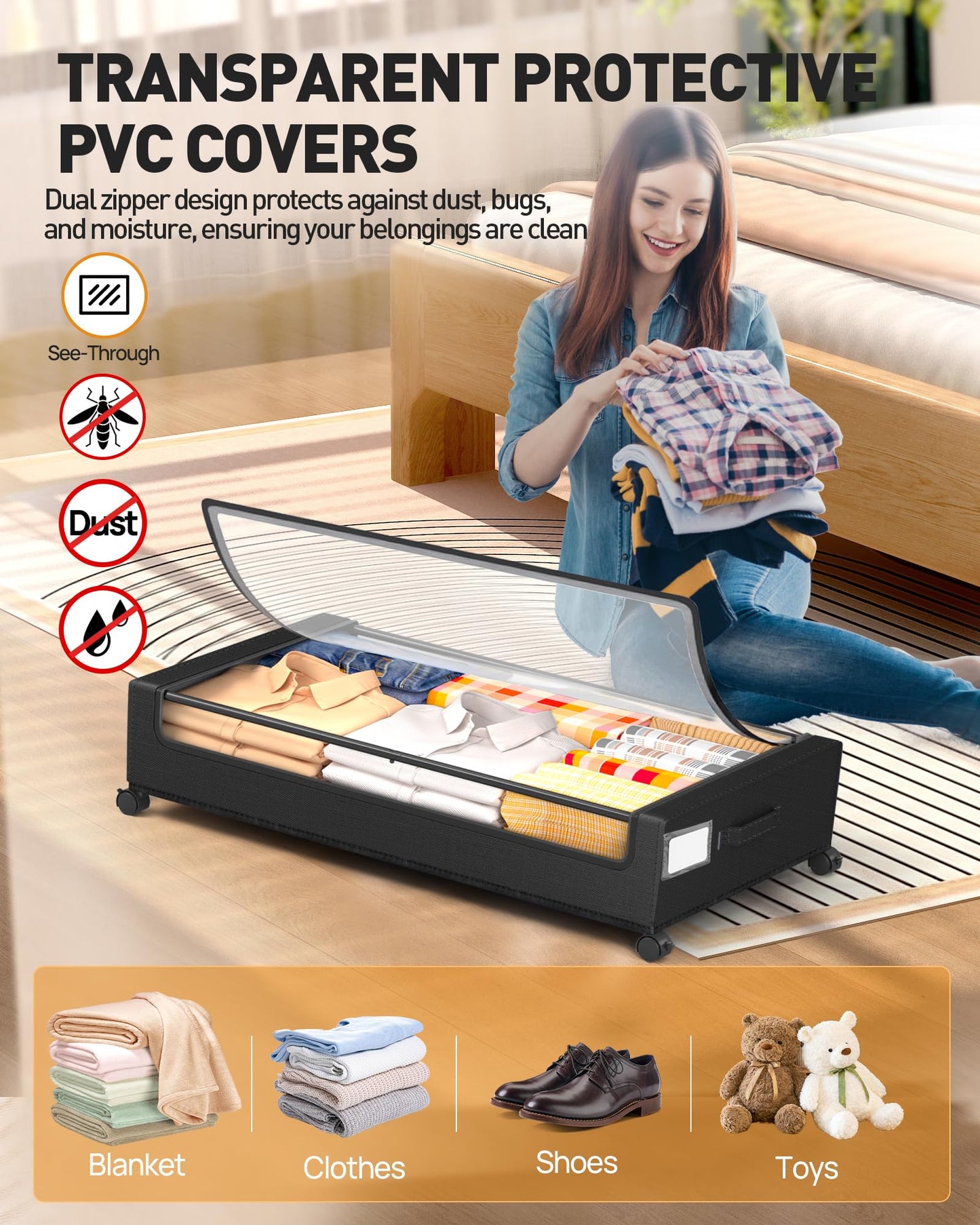 YEEBONIX Under Bed Storage With Wheels, 2 Pack Square Containers, 60L Bins, Rolling Metal Drawer for Clothes, Blankets, Shoes