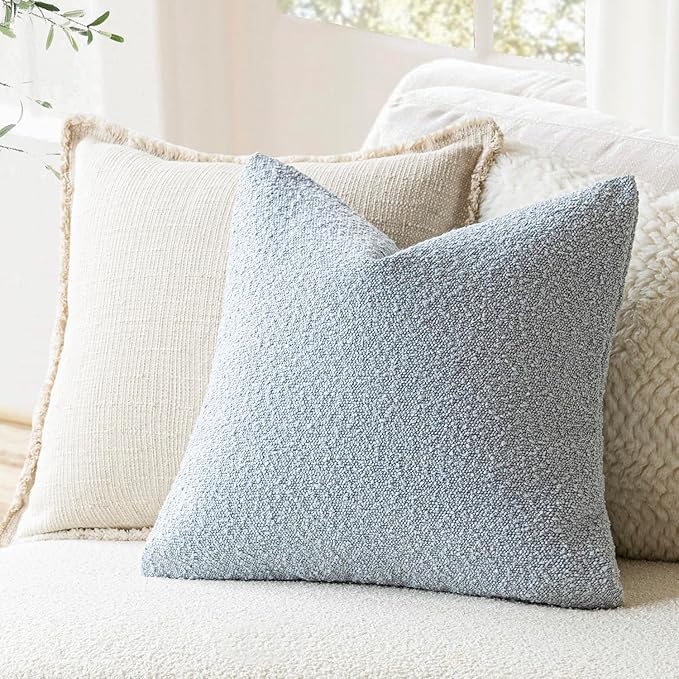 Foindtower Decorative Textured Boucle Throw Pillow Covers Accent Solid Pillow Cases Neutral Soft Cozy Couch Cushion Case for Chair Sofa Bedroom Living Room Home Decor 24 x 24 Inch,Light Blue