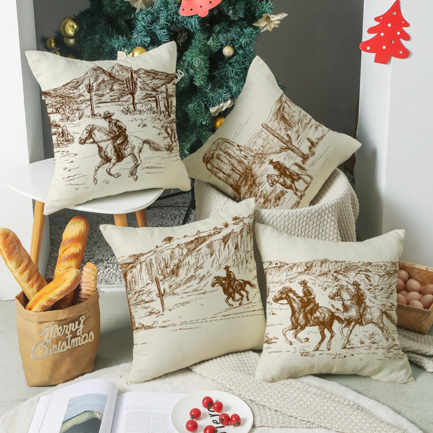 Sagielio Western Throw Pillow Covers Western Home Decor 18x18 Set of 4, Cotton Linen Pillows for Couch Living Room and Bedroom, Pillow Case Set for Cowboy Couples Boys Girls (Beige)