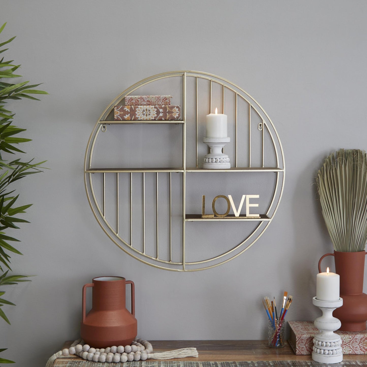 Deco 79 Metal Geometric Wall Shelf Circle with 3 Wood Shelves and Linear Rods, 28" x 7" x 28", Gold