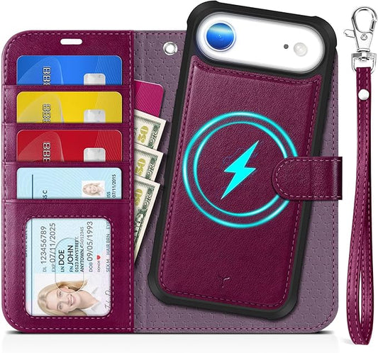 TUCCH Detachable Case Wallet for iPhone Air (6.5") 2025, Wrist Strap | 4 Card Slots RFID Blocking | Wireless Charging | Stand | 2-in-1 Magnetic | PU Leather | Shockproof Folio Cover | Plum Purple