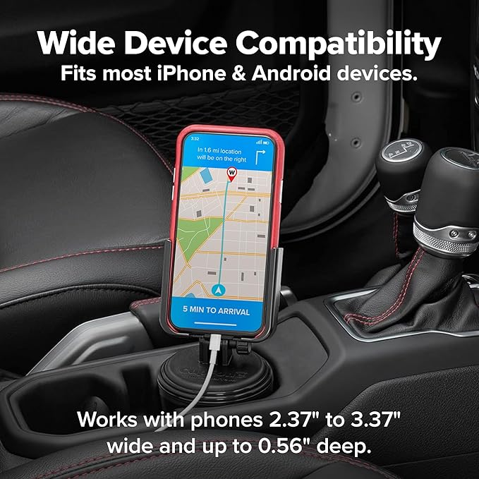 WeatherTech CupFone, Universal Cup Holder Phone Mount for Cars – Adjustable & Secure Fit with Open Access for Charging – Compatible with iPhone, Android - Metal Knobs, Black