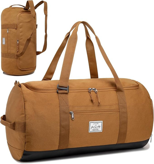 Lyweem Travel Duffle Bag for Men 60L Medium Lightweight Sports Gym Bag Traveling Duffel Backpack for Women Weekender Overnight Bags with Shoes Compartment, Brown