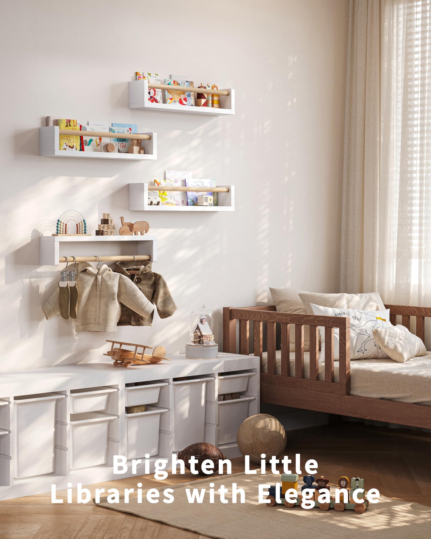 Seocry Nursery Book Shelves, 4 Pack, Wall Book Shelves for Kids Room, Baby, Toddler, Nursery Decor (White Wood, 16.5 Inches)