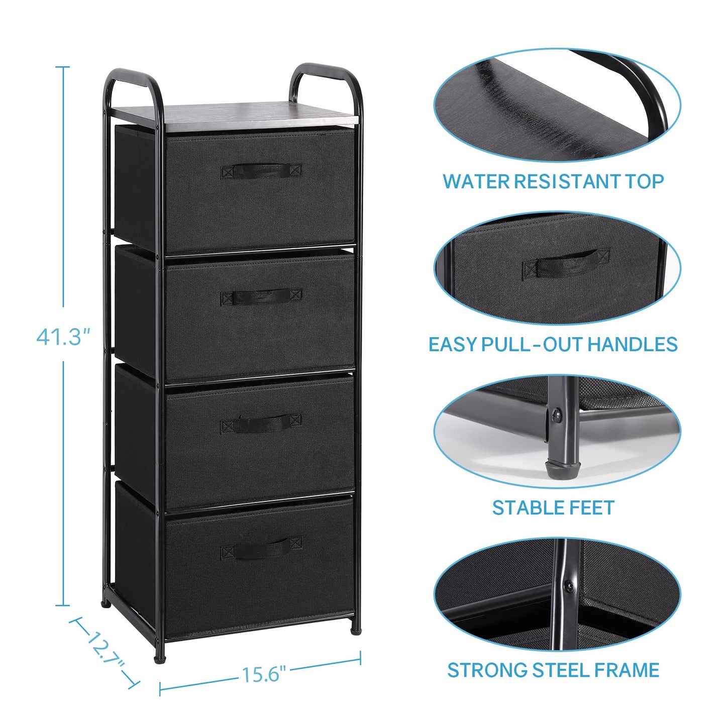 MAX Houser 4 Drawer Fabric Dresser Tall Storage Tower, Dresser Chest with Wood Top, Vertical Nightstand Side Organizer Unit with Metal Frame for Closets Bedroom Nursery Room Hallway(Black)