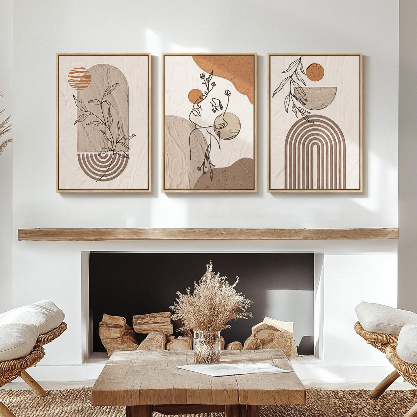 Framed Earth Tone Boho Abstract Wall Art Bedroom, 3 Piece Neutral Modern Bohemian Paintings Prints Canvas Artwork for Walls, Boho Triptych Pictures for Living Room Home Office Wall Decor, 16x24 Inch