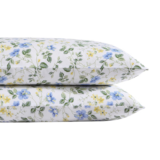 Laura Ashley Home - Standard Pillowcase Set, Cotton Sateen Bedding, Smooth & Wrinkle-Resistant (Meadow Floral Blue/Yellow, 2 Piece)