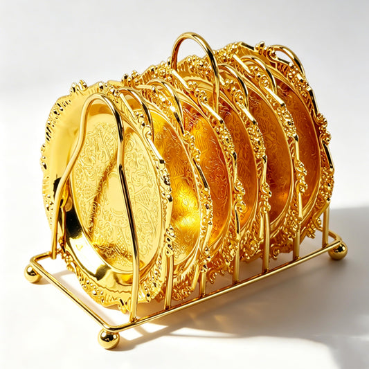 Luxury Gold Coasters Set, 6-Piece Hotel Style Drink Coasters with Holder, Elegant Gold Room Accessories for Bar & Coffee Table Decor