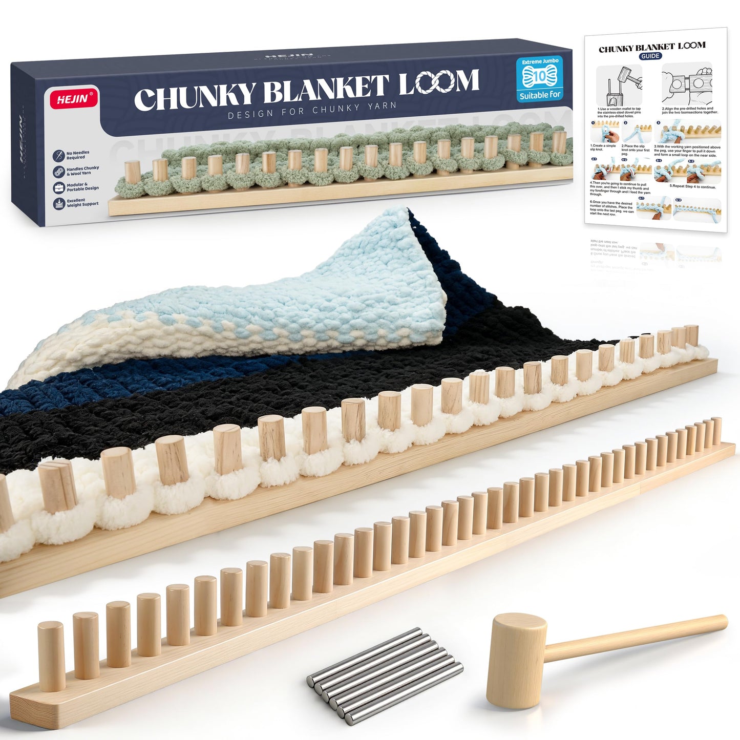 HEJIN 63" Chunky Blanket Loom, Adjustable Size Loom for Chunky Blanket, Knitting Loom Kit No Needles Required, Gift for DIY Craft Enthusiasts, Beginner Friendly Yarn Craft